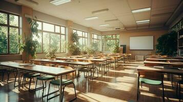 Schule Klasse im Tageslicht. sauber Innere mit Tafel, Schublade, Stühle und Tabellen ai generativ foto