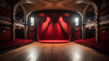 Theater Bühne, mit rot Vorhang, hölzern Boden, Stühle und Beleuchtung ai generativ foto