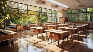 Schule Klasse im Tageslicht. sauber Innere mit Tafel, Schublade, Stühle und Tabellen ai generativ foto