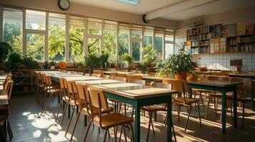 Schule Klasse im Tageslicht. sauber Innere mit Tafel, Schublade, Stühle und Tabellen ai generativ foto