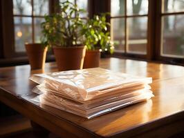 Papier auf das hölzern Tisch, echt Fotografie mit glatt Beleuchtung und Sonne Licht ai generieren foto