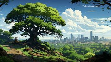 groß Baum im das Mitte von das Szene, mit Stadt Hintergrund ai generativ foto
