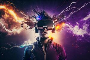 jung Mann mit virtuell Wirklichkeit Headset.vr Gläser, futuristisch, Technologie, online Ausbildung, Bildung, Video Spiel Konzept. generativ ai. foto