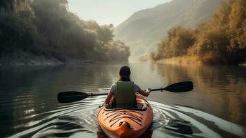 Illustration von Sommer- Wasser Sport Kajak fahren im ein ruhig Fluss umgeben durch üppig Grün. ai generativ. foto