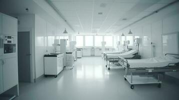 ein lange Gang im ein Krankenhaus mit verschiedene prozedural Räume. generativ ai. foto