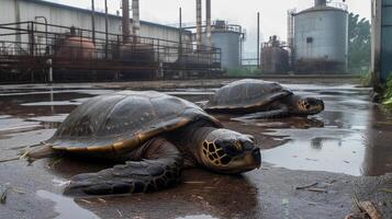 Schildkröte Stehen suchen beim giftig Dämpfe von ein petrochemisch Raffinerie beim Sonnenaufgang. generativ ai. foto