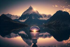 das Licht Glühbirnen sind platziert im Vorderseite von das Meer und Berg Landschaft mit ein enorm Berg im das Hintergrund. generativ ai. foto