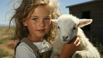 ein süß Kind auf ein Bauernhof, lächelnd mit Tiere generiert durch ai foto
