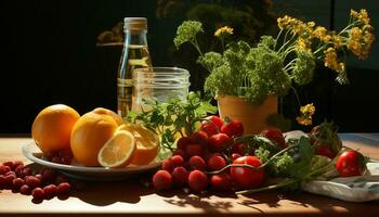 Frische von Natur Kopfgeld auf ein rustikal hölzern Tisch, gesund Essen generiert durch ai foto