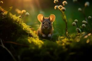 wild Maus ruhen auf das Wald Fußboden mit üppig Grün Vegetation. generativ ai foto