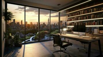 modern Büro mit ein Aussicht von das Stadt. generativ ai foto