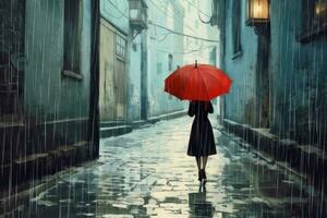 regnerisch Abend und Regenschirm generativ ai foto