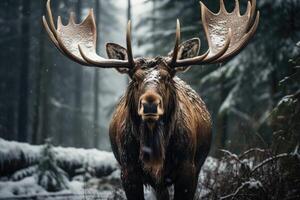 majestätisch Elch im das Schnee im das Wald. generativ ai foto