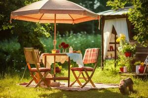 Cafe Tabelle mit Stuhl und Sonnenschirm Regenschirm im das Garten. generativ ai foto