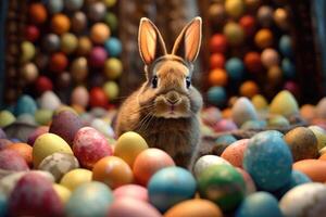 ein Hase Sitzung im ein Stapel von farbig Eier. generativ ai foto