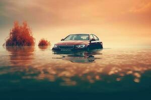 Auto überflutet im Flut Wasser. generativ ai foto