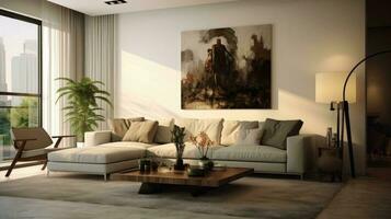 Leben Zimmer mit Sofa. generativ ai foto