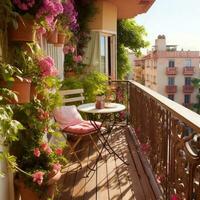 schön Balkon mit viele von blühen Pflanzen. generativ ai foto