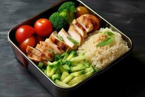 Mahlzeit prep Behälter mit gesund Mittagessen zu gehen zum Arbeit oder Schule mit gegrillt Huhn, Reis und Gemüse. generativ ai foto
