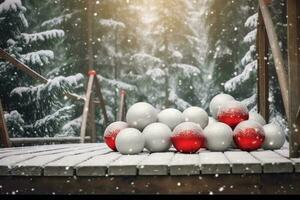 festlich Weihnachten Komposition von Bälle im Wald gerahmt durch schneebedeckt Tanne Bäume. generativ ai foto