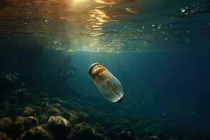 ein leeren Plastik Flasche schwimmt im Meerwasser Kontamination von das Meer mit Abfall. generativ ai foto