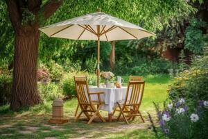 Cafe Tabelle mit Stuhl und Sonnenschirm Regenschirm im das Garten. generativ ai foto