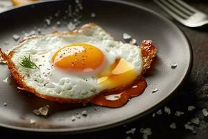 frisch Gourmet Mahlzeit gebraten Ei auf Platte. generiert ai foto