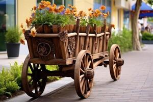 Wagen mit hölzern Räder wie Dekoration zum Blumen. generativ ai foto