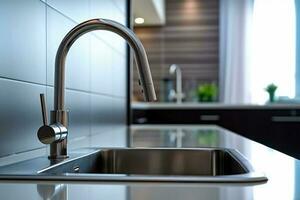 modern Zapfhahn Wasserhahn und sinken auf Neu Küche. generativ ein foto
