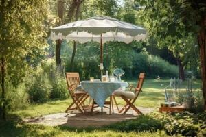 Cafe Tabelle mit Stuhl und Sonnenschirm Regenschirm im das Garten. generativ ai foto