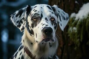 schön Dalmatiner Hund im ein schneebedeckt Wald. generativ ai foto