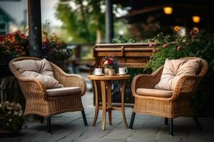 Korbweide Stühle und ein Metall Tabelle im ein draussen Sommer- Cafe. generativ ai foto