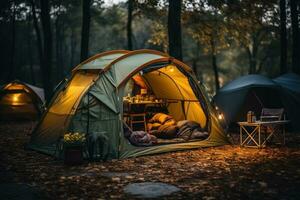 Camping Picknick Zelt Campingplatz im draussen Wandern Wald. generativ ai foto