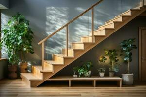 modern Treppe mit hölzern Schritte im Wohnung. generativ ai foto