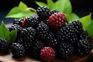 reif Brombeeren und Blätter auf ein Busch Nahansicht. generativ ai foto