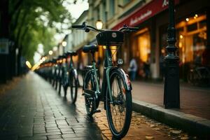 Fahrräder von anders Farben und Formen geparkt. selbst Bedienung ökologisch meint von Transport zum mieten. generativ ai foto