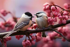 zwei Vögel Sitzung auf ein Ast mit Rosa blüht. generativ ai foto