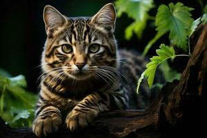 wilde Katze Sitzung auf ein Baum Stamm. generativ ai foto