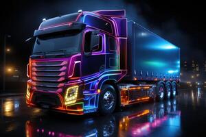 LKW mit futuristisch holographisch Anzeige und Neon- Beleuchtung. Fracht Versand International Industrie. generativ ai foto