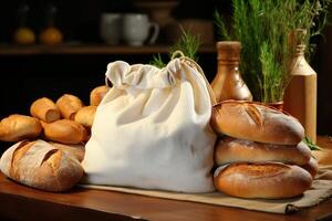 Öko Tasche mit Produkte frisch Brot. Null Abfall verwenden weniger Plastik Konzept. generativ ai foto