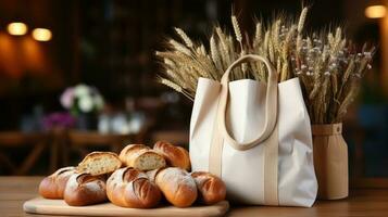 Öko Tasche mit Produkte frisch Brot. Null Abfall verwenden weniger Plastik Konzept. generativ ai foto