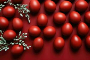 Ostern rot farbig Eier auf rot Hintergrund. generativ ai foto