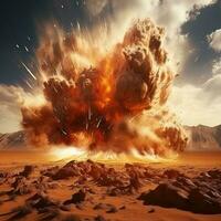 enorm Explosion im ein Wüste. generativ ai foto