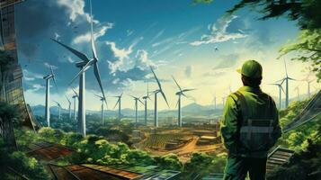 Ingenieur sieht aus beim Wind Turbinen im das Natur. Grün verlängerbar Energie. generativ ai foto