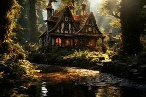 ein alt Haus Stehen im ein Wald auf das Bank von ein Strom. generativ ai foto