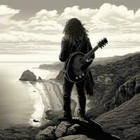 einsam Zahl von ein Mann auf ein Cliff durch das Meer mit Gitarre. generativ ai foto