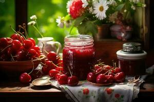 Kirsche Marmelade mit frisch Frucht. generativ ai foto