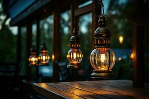Antiquität Lampe mit Beleuchtung im das Abend. generativ ai foto