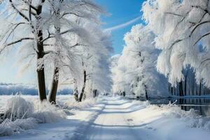 schön Landschaft, schneebedeckt Straße im das Wald zwischen das Bäume, Winter Saison. generativ ai foto