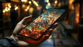 Hand halten Clever Telefon, Fotografieren Stadtbild beim Nacht generiert durch ai foto